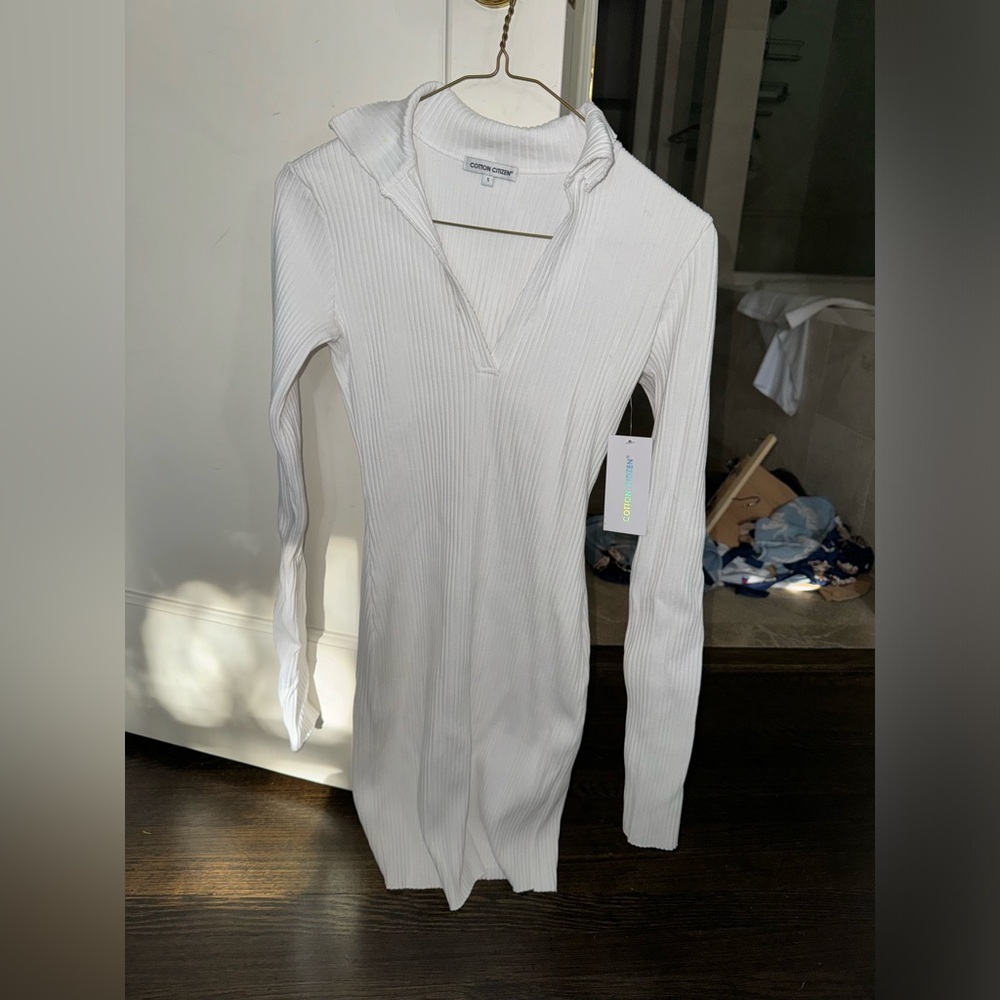 Cotton citizen white body con long sleeve mini dress Small ribbed and collared